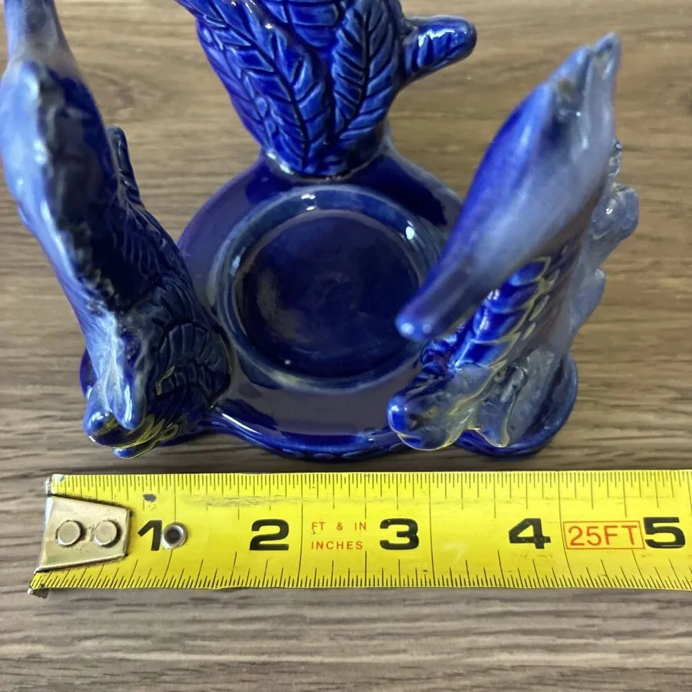 VTG Cobalt Blue Glazed Ceramic Tea/ Votive Candle Holder, 3 Seahorses, Coastal